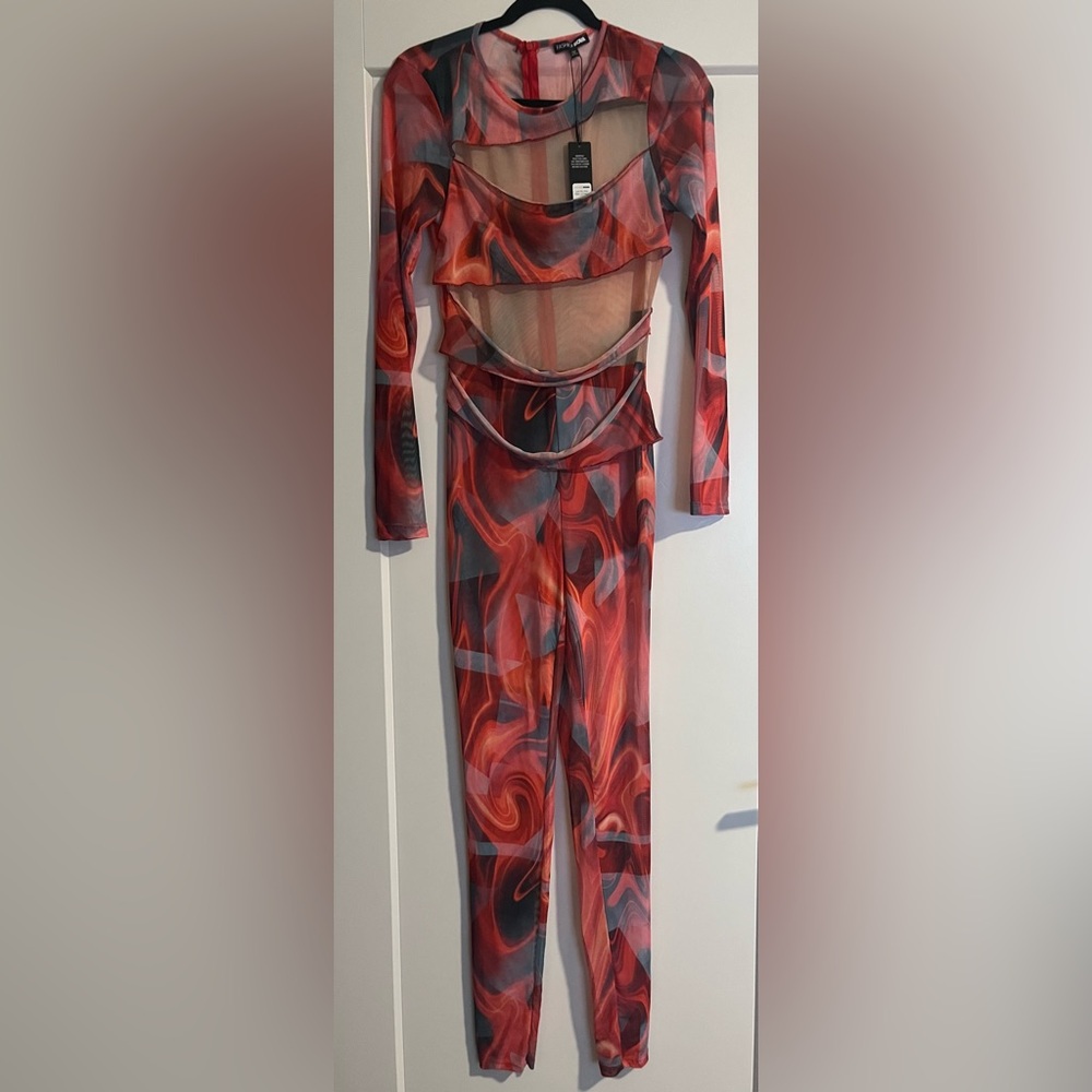 Fashion Nova Red and Black Swirl Jumpsuit